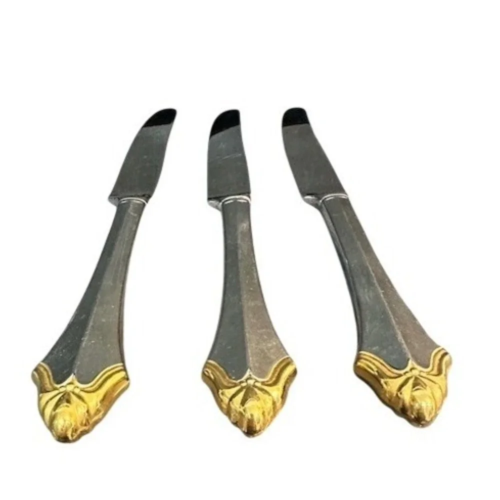 Vintage  Oneida‎ Kenwood Two Tone Silver and Gold Accent Dinner Knives Set of 3
